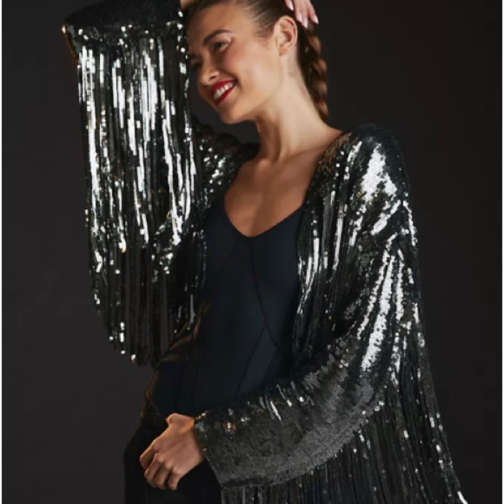 Anthropologies, sequenced, silver, and black cropped fringed jacket